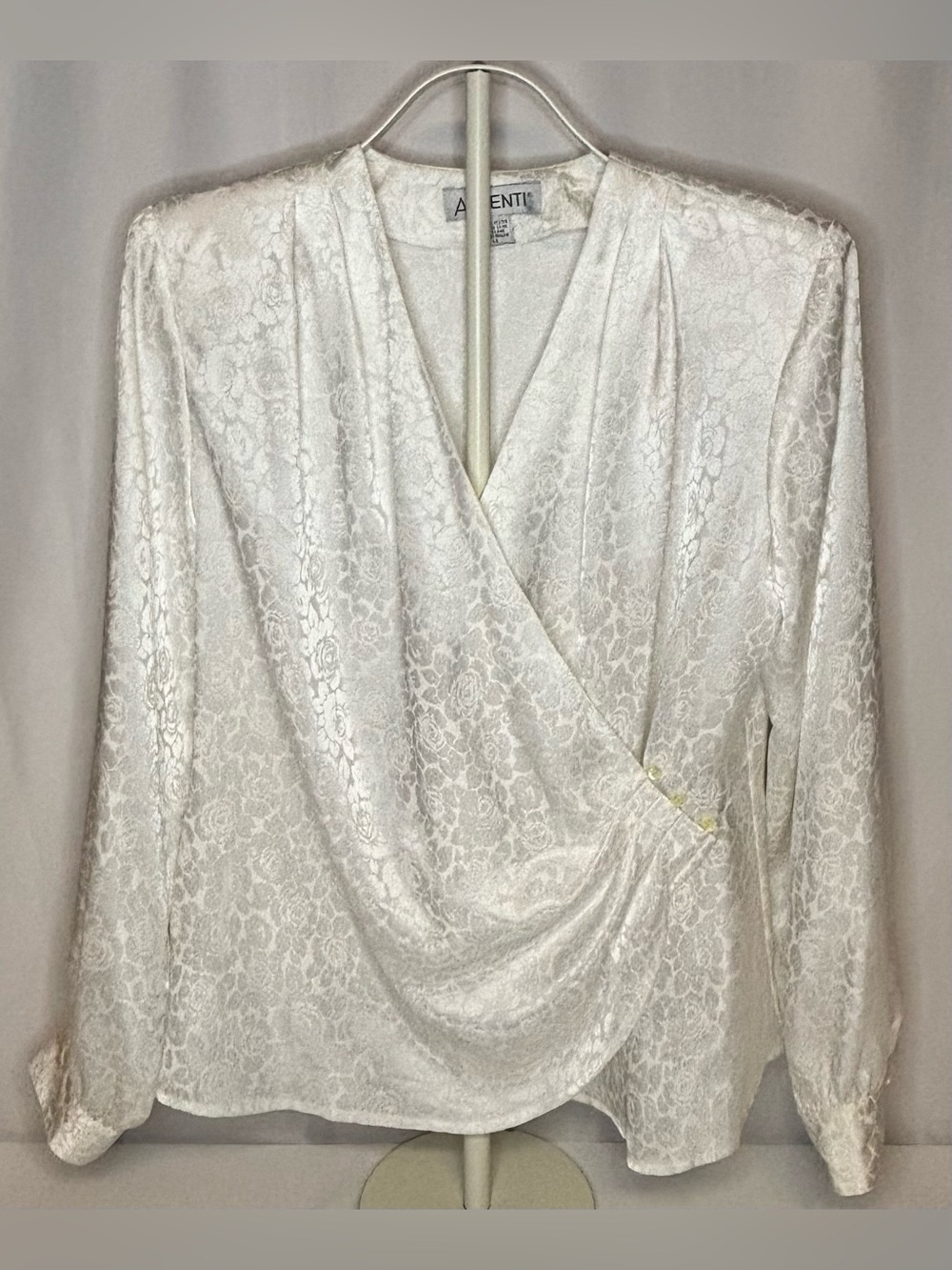 VTG 80s Argenti Ivory Floral Jacquard Faux Wrap Blouse Shoulder Pads Size 14